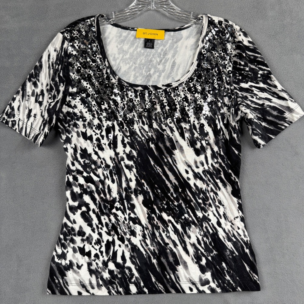 St. John Black White Abstract Animal Print Sequin Scoop Neck Top Small